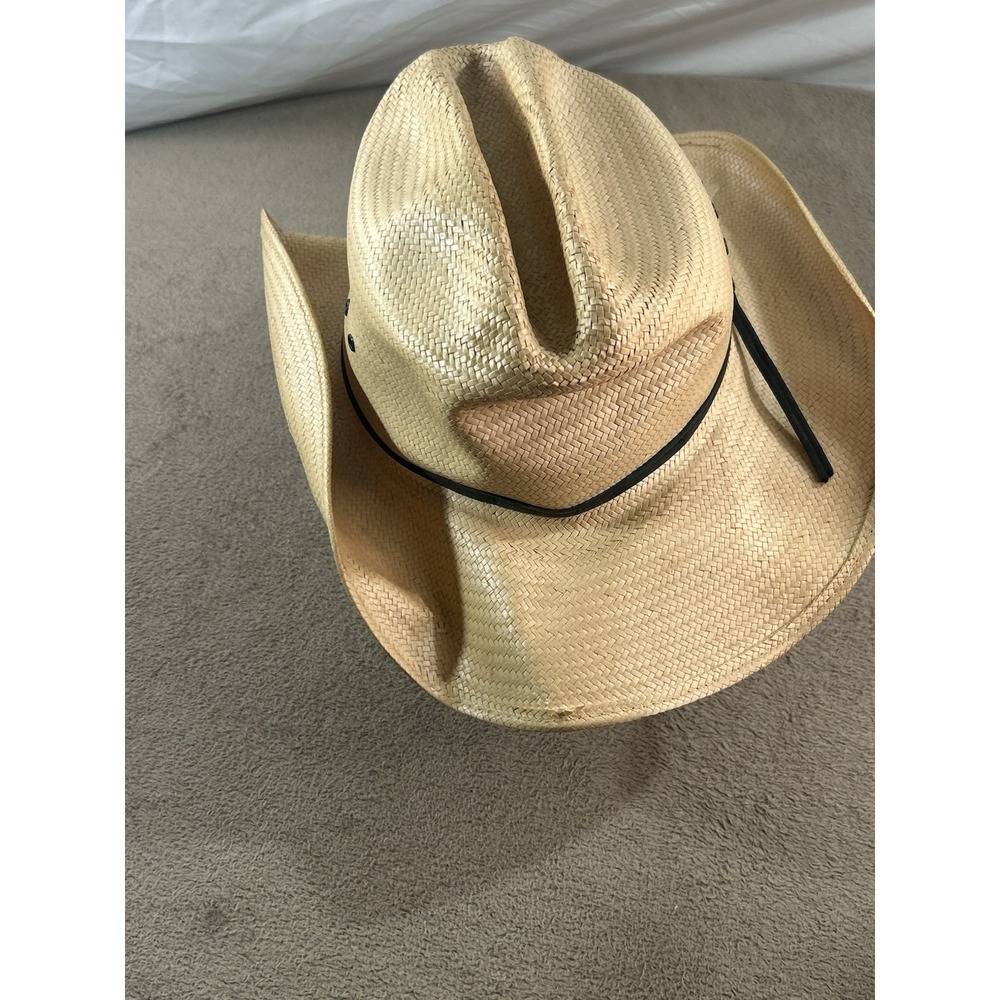 Vintage Straw Cowboy Hat Natural Woven Western Hat Feather Band